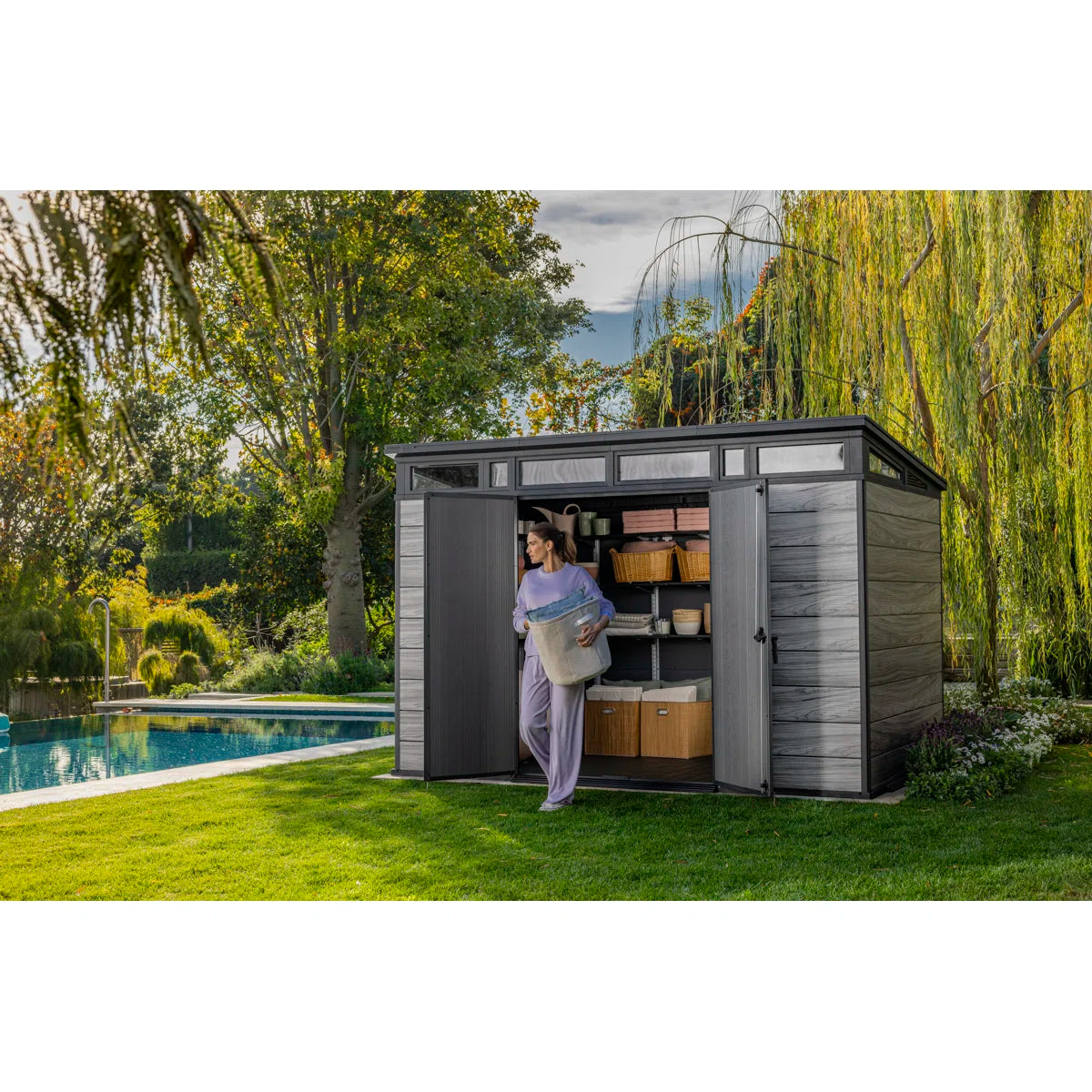 Keter Signature Collection 11x7 ft. Durable Resin Outdoor Storage Shed With Floor and Double Doors for Garden Patio Furniture and Tools, Storm Grey