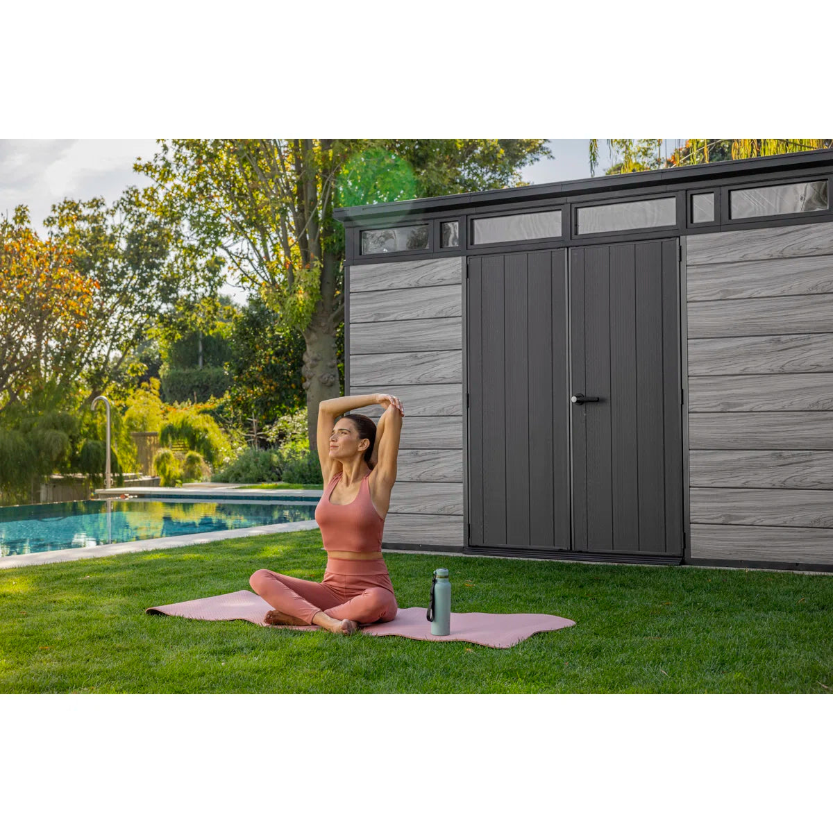 Keter Signature Collection 11x7 ft. Durable Resin Outdoor Storage Shed With Floor and Double Doors for Garden Patio Furniture and Tools, Storm Grey
