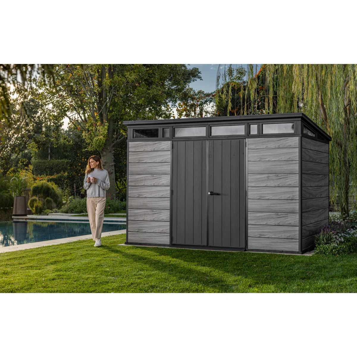 Keter Signature Collection 11x7 ft. Durable Resin Outdoor Storage Shed With Floor and Double Doors for Garden Patio Furniture and Tools, Storm Grey