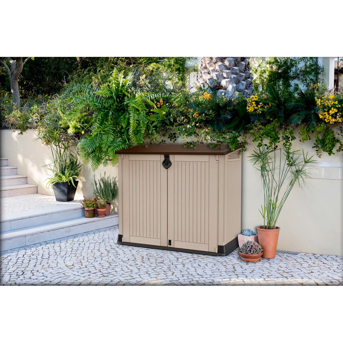 Keter Store-It-Out MIDI 4.3x3.7 ft. Durable Resin Outdoor Storage Shed With Floor and Double Doors for Garden Patio Furniture and Tools, Brown