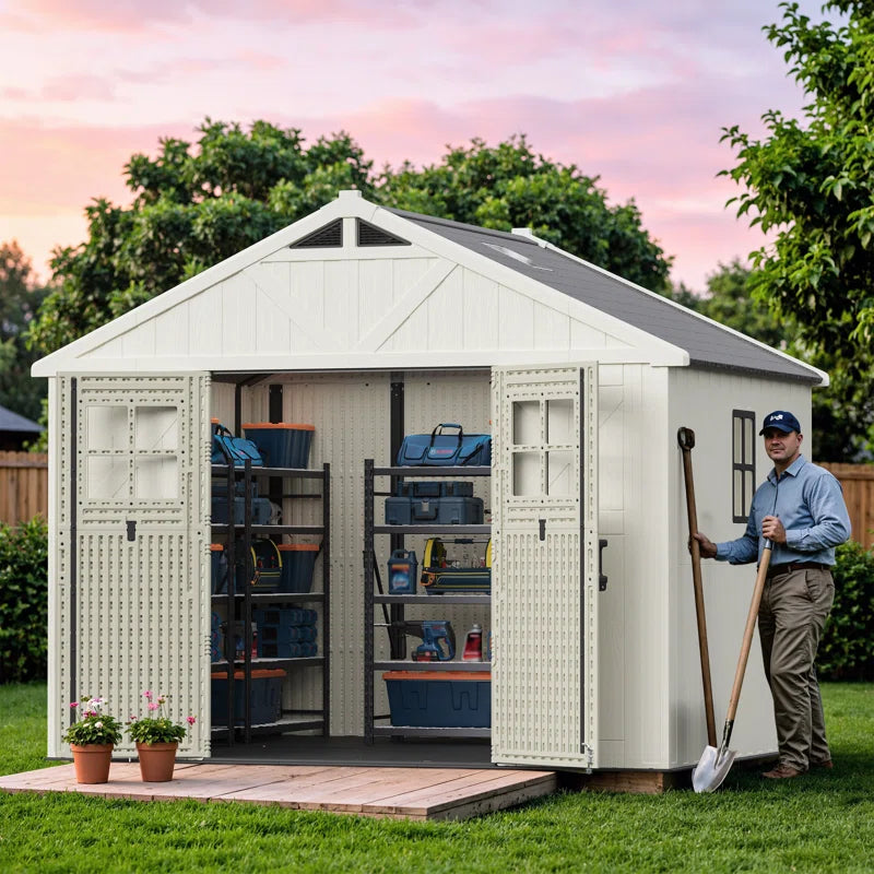 10 Ft. W X 8 Ft. D Plastic Storage Shed With Floor, Resin Shed With Reinforced Steel Structure, Beige