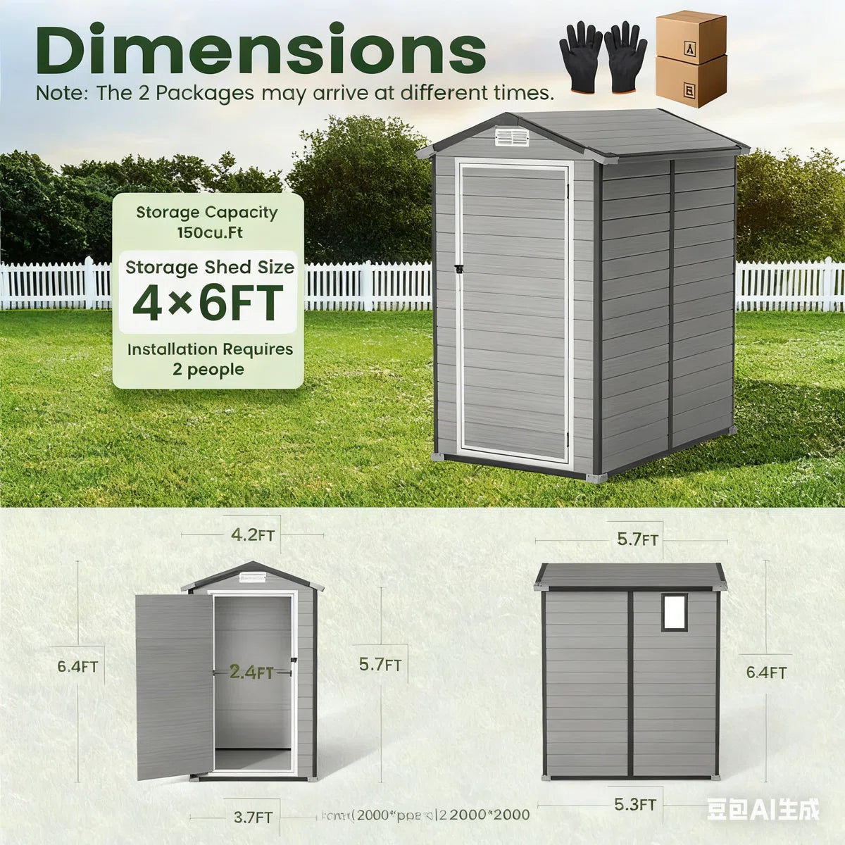 3.7 ft. W x 5.3 ft. D Durable Resin Outdoor Storage Shed With Floor and Window for Garden Patio Furniture and Tools, Grey