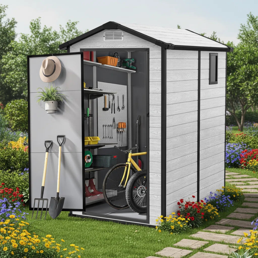 3.7 ft. W x 5.3 ft. D Durable Resin Outdoor Storage Shed With Floor and Window for Garden Patio Furniture and Tools, Grey