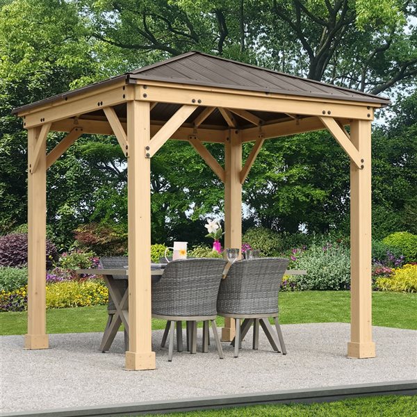 Yardistry Meridian 8-ft x 8-ft Natural Cedar Stain Wood Square Gazebo with Aluminum Roof