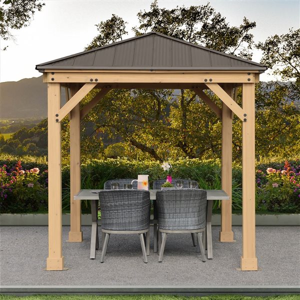 Yardistry Meridian 8-ft x 8-ft Natural Cedar Stain Wood Square Gazebo with Aluminum Roof