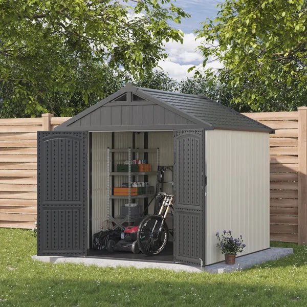 8 Ft. W X 8 Ft. D Plastic Storage Shed With Floor, Resin Shed With Reinforced Steel Structure, Beige
