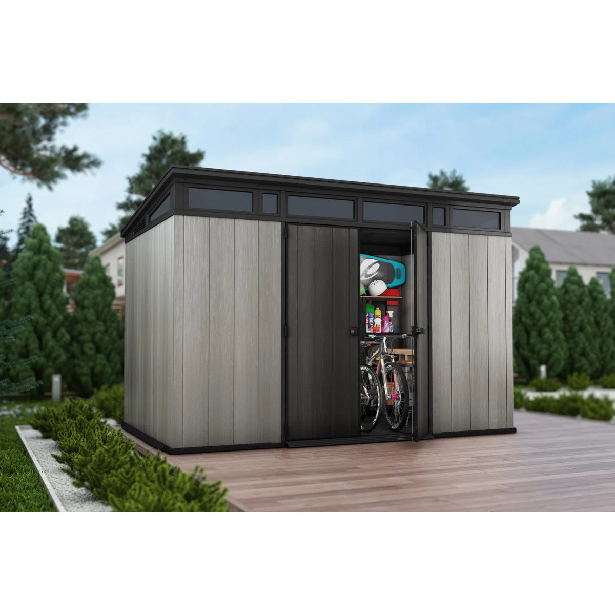 Keter Artisan 11x7 ft. Modern Durable Resin Outdoor Storage Shed With Floor and Double Doors for Garden Patio Furniture and Tools, Grey