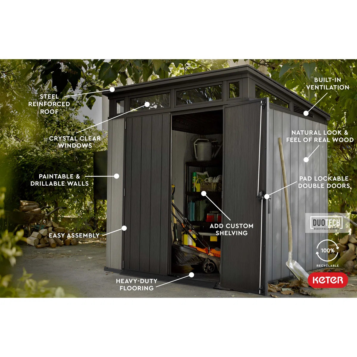 Keter Artisan 7x7 ft. Modern Durable Resin Outdoor Storage Shed With Floor and Double Doors for Garden Patio Furniture and Tools, Grey