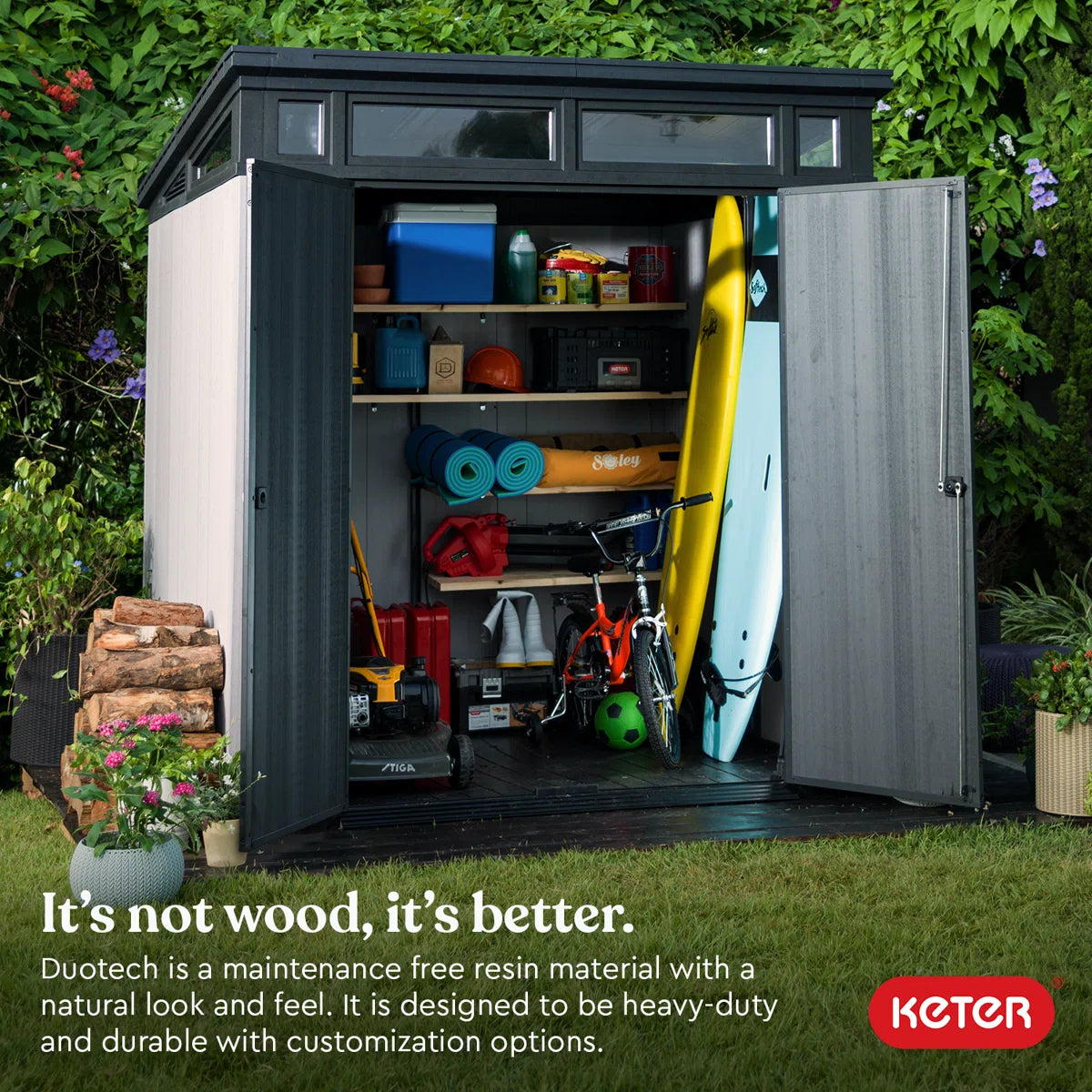 Keter Artisan 7x7 ft. Modern Durable Resin Outdoor Storage Shed With Floor and Double Doors for Garden Patio Furniture and Tools, Grey