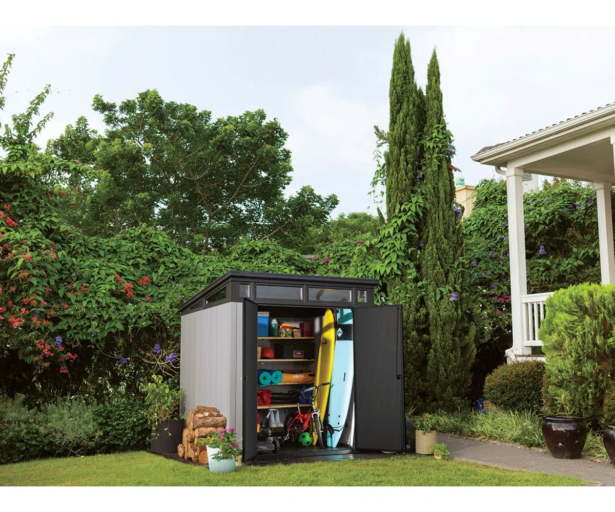 Keter Artisan 7x7 ft. Modern Durable Resin Outdoor Storage Shed With Floor and Double Doors for Garden Patio Furniture and Tools, Grey