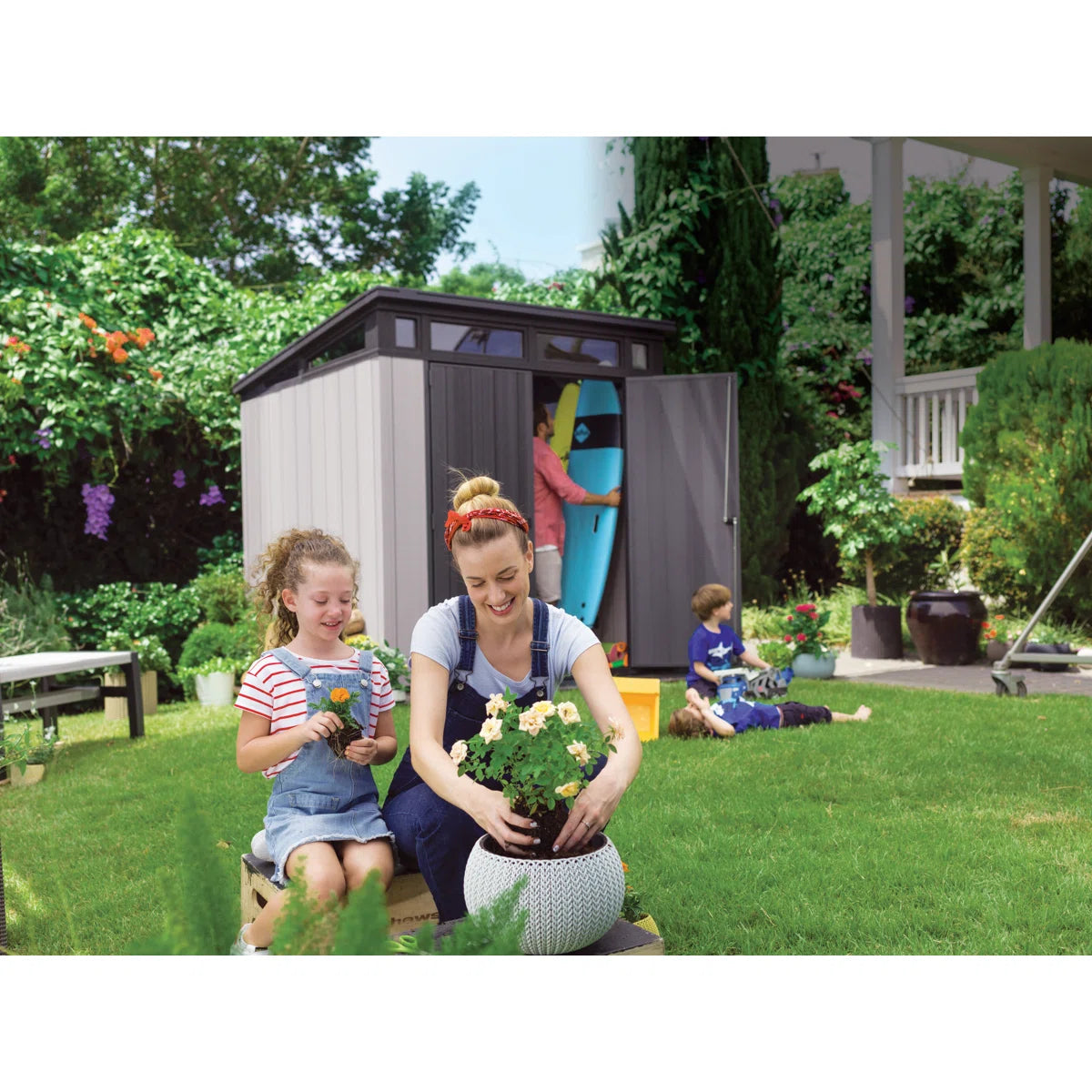 Keter Artisan 7x7 ft. Modern Durable Resin Outdoor Storage Shed With Floor and Double Doors for Garden Patio Furniture and Tools, Grey