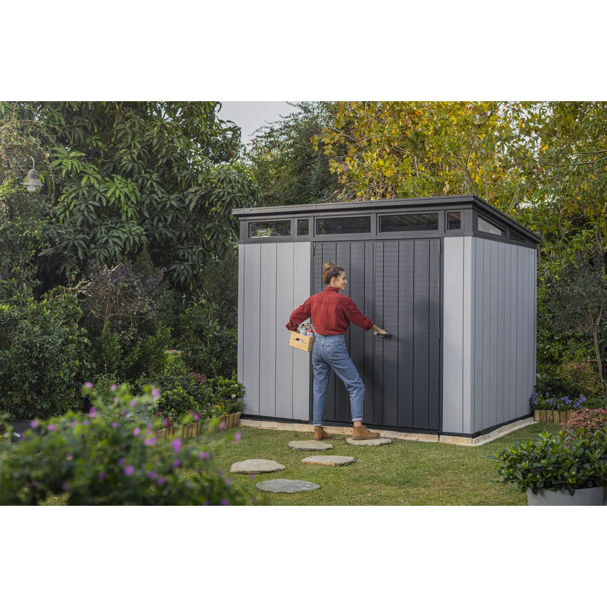 Keter Artisan 9x7 ft. Modern Durable Resin Outdoor Storage Shed With Floor and Double Doors for Garden Patio Furniture and Tools, Grey