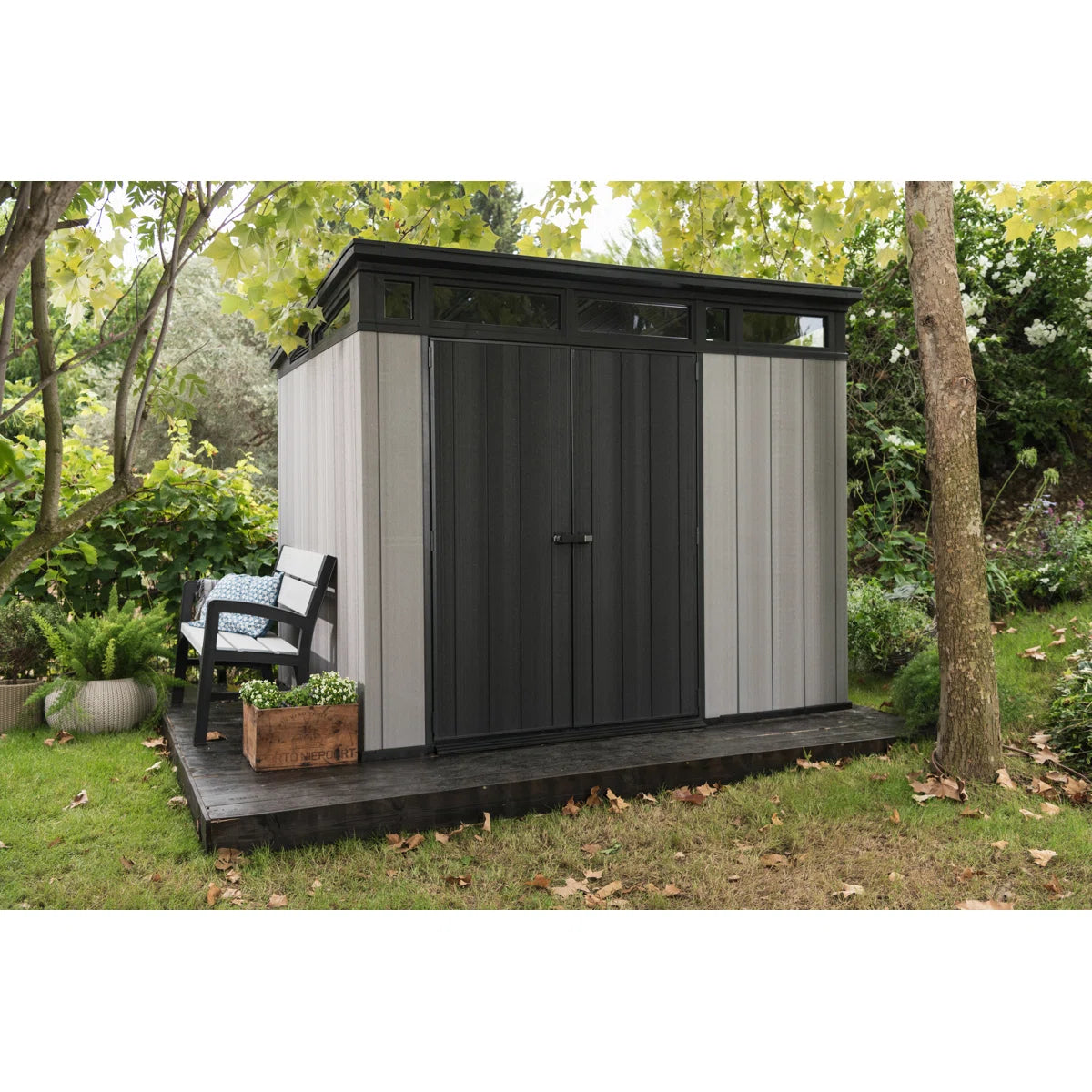 Keter Artisan 9x7 ft. Modern Durable Resin Outdoor Storage Shed With Floor and Double Doors for Garden Patio Furniture and Tools, Grey