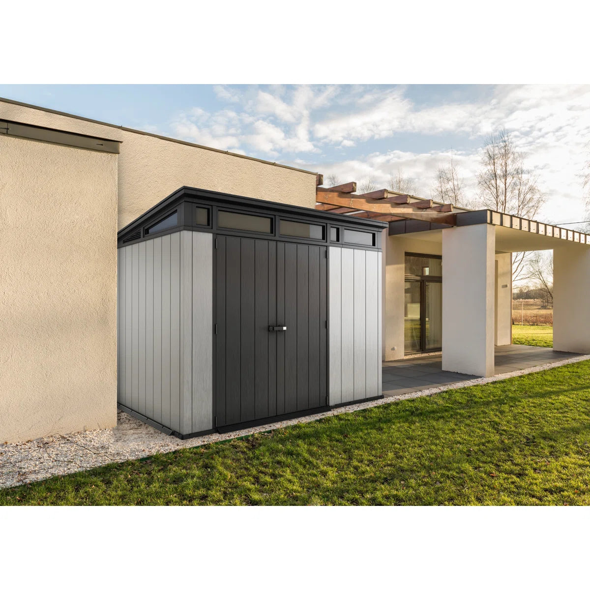 Keter Artisan 9x7 ft. Modern Durable Resin Outdoor Storage Shed With Floor and Double Doors for Garden Patio Furniture and Tools, Grey