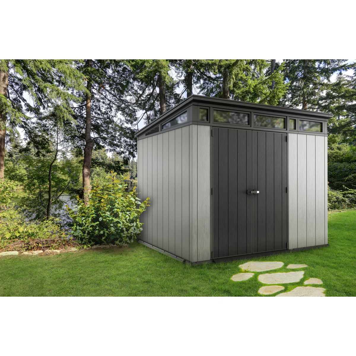 Keter Artisan 9x7 ft. Modern Durable Resin Outdoor Storage Shed With Floor and Double Doors for Garden Patio Furniture and Tools, Grey