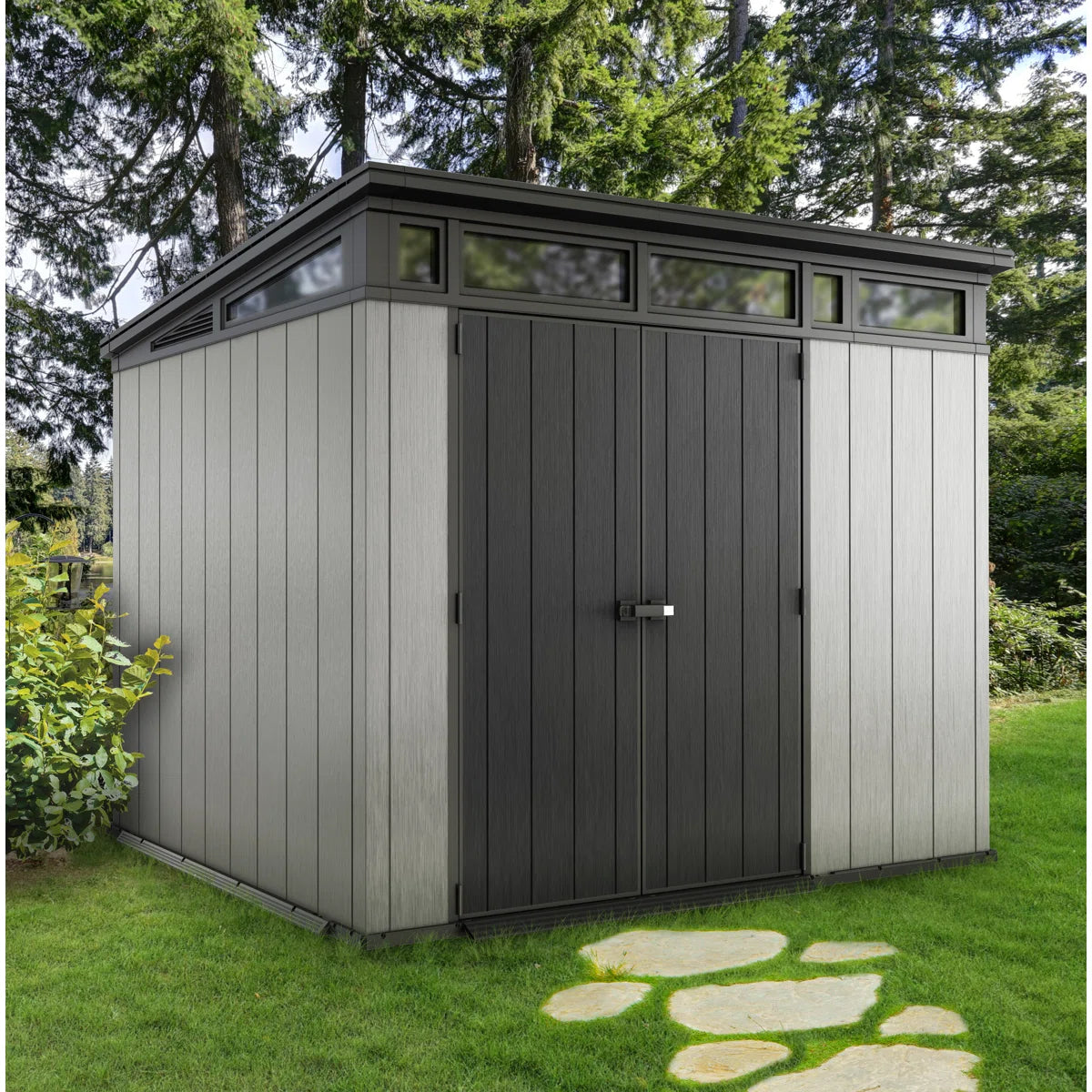 Keter Artisan 9x7 ft. Modern Durable Resin Outdoor Storage Shed With Floor and Double Doors for Garden Patio Furniture and Tools, Grey