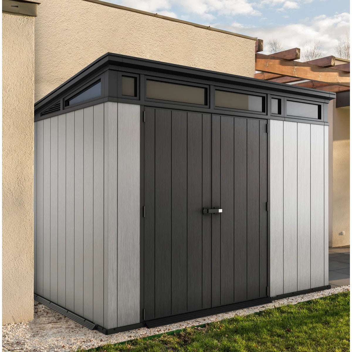 Keter Artisan 9x7 ft. Modern Durable Resin Outdoor Storage Shed With Floor and Double Doors for Garden Patio Furniture and Tools, Grey