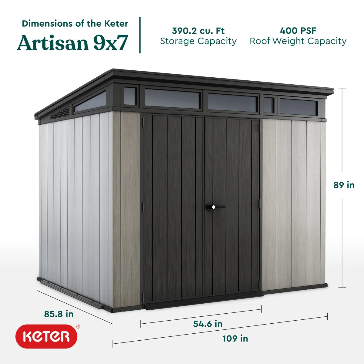Keter Artisan 9x7 ft. Modern Durable Resin Outdoor Storage Shed With Floor and Double Doors for Garden Patio Furniture and Tools, Grey