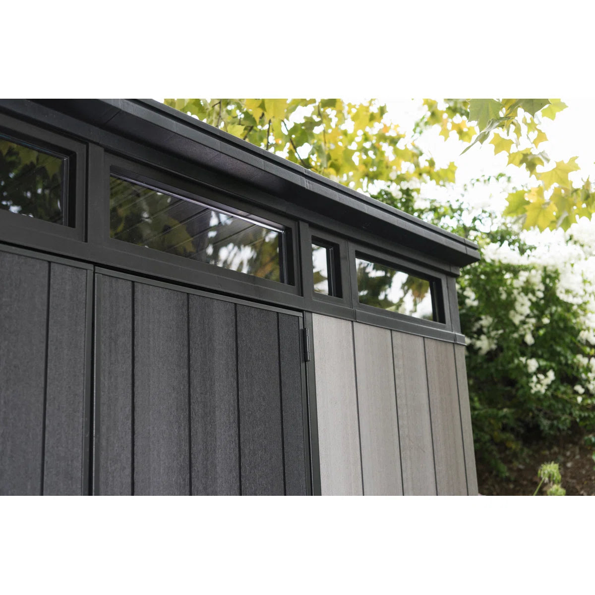 Keter Artisan 9x7 ft. Modern Durable Resin Outdoor Storage Shed With Floor and Double Doors for Garden Patio Furniture and Tools, Grey