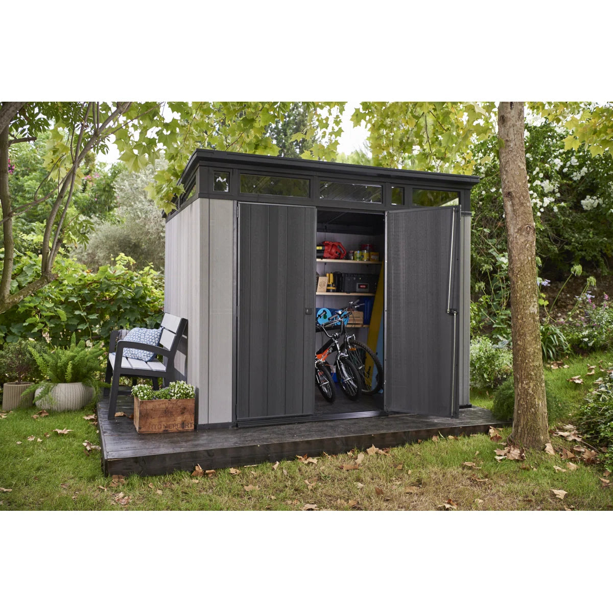 Keter Artisan 9x7 ft. Modern Durable Resin Outdoor Storage Shed With Floor and Double Doors for Garden Patio Furniture and Tools, Grey