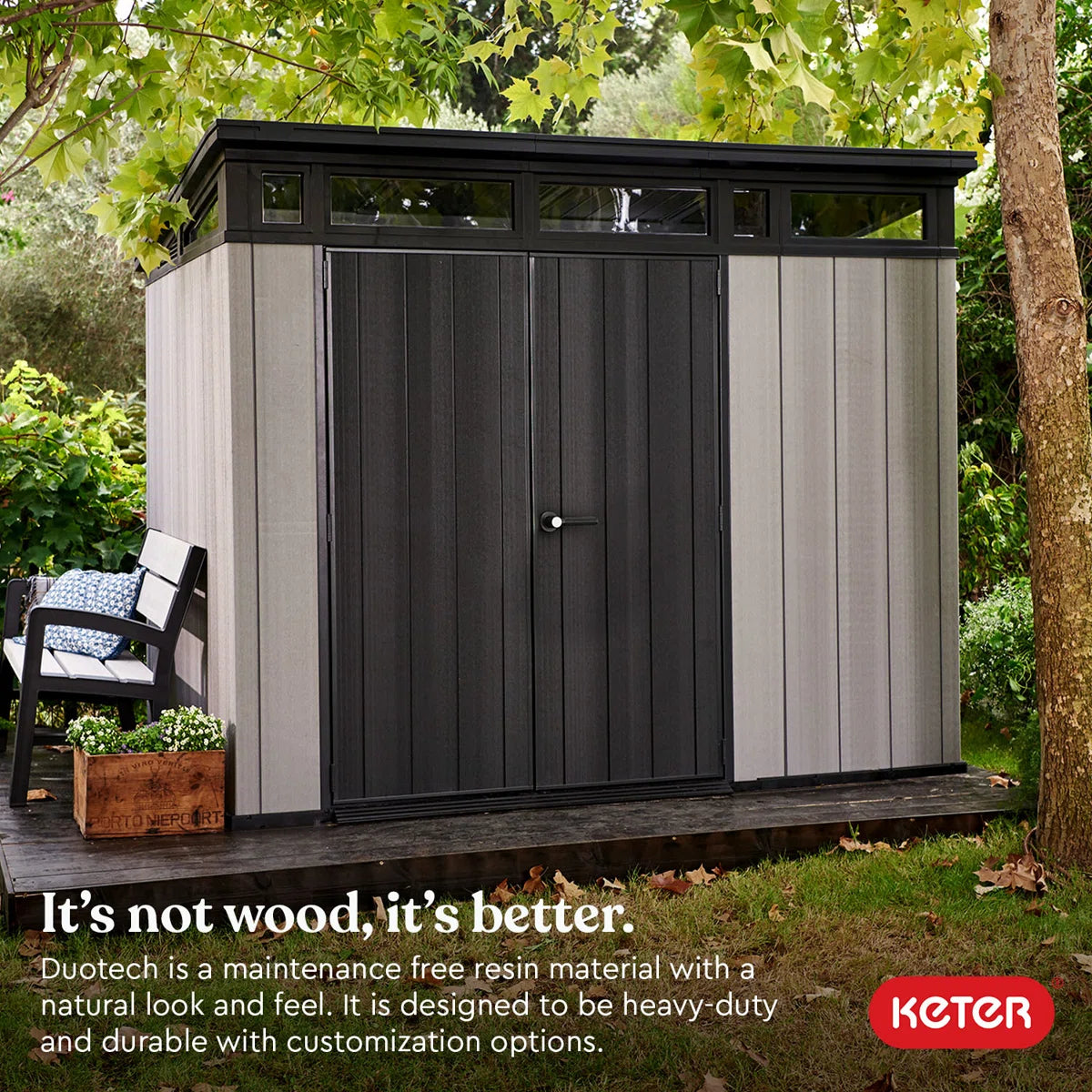 Keter Artisan 9x7 ft. Modern Durable Resin Outdoor Storage Shed With Floor and Double Doors for Garden Patio Furniture and Tools, Grey