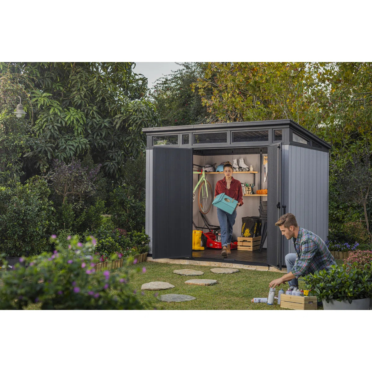 Keter Artisan 9x7 ft. Modern Durable Resin Outdoor Storage Shed With Floor and Double Doors for Garden Patio Furniture and Tools, Grey