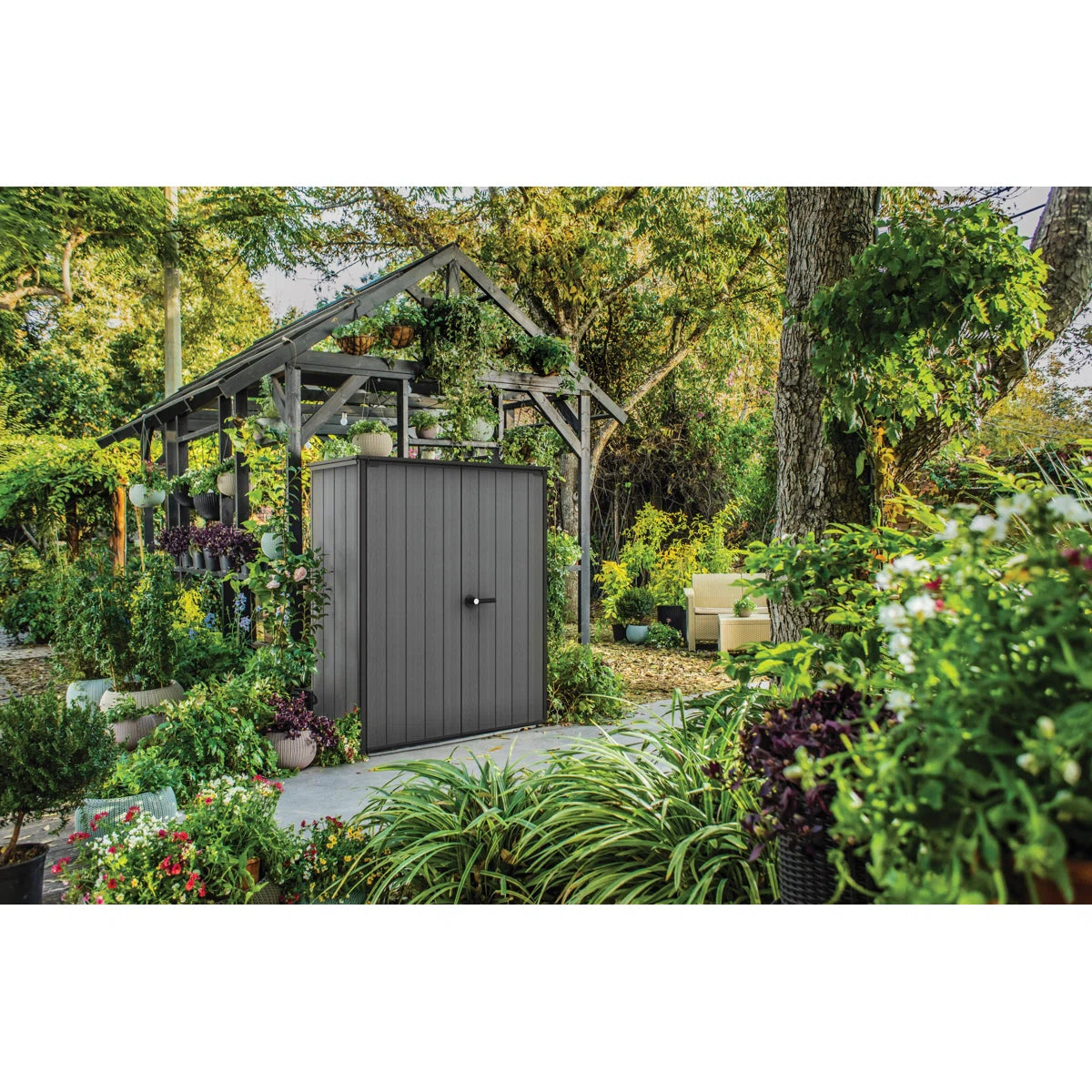 Keter Cortina Alto Veritcal Durable Resin Outdoor Storage Shed With Floor and Double Doors for Garden Patio Furniture and Tools, Graphite