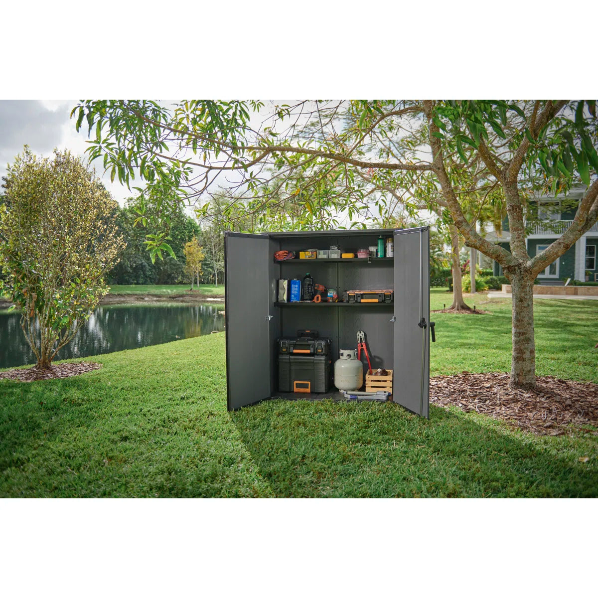 Keter Cortina Alto Veritcal Durable Resin Outdoor Storage Shed With Floor and Double Doors for Garden Patio Furniture and Tools, Graphite