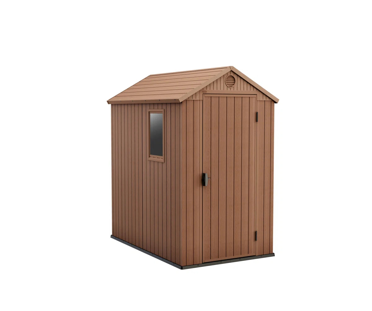 Keter Darwin 4x6 ft. Durable Resin Outdoor Storage Shed With Floor and Double Doors for Garden Patio Furniture and Tools, Brown