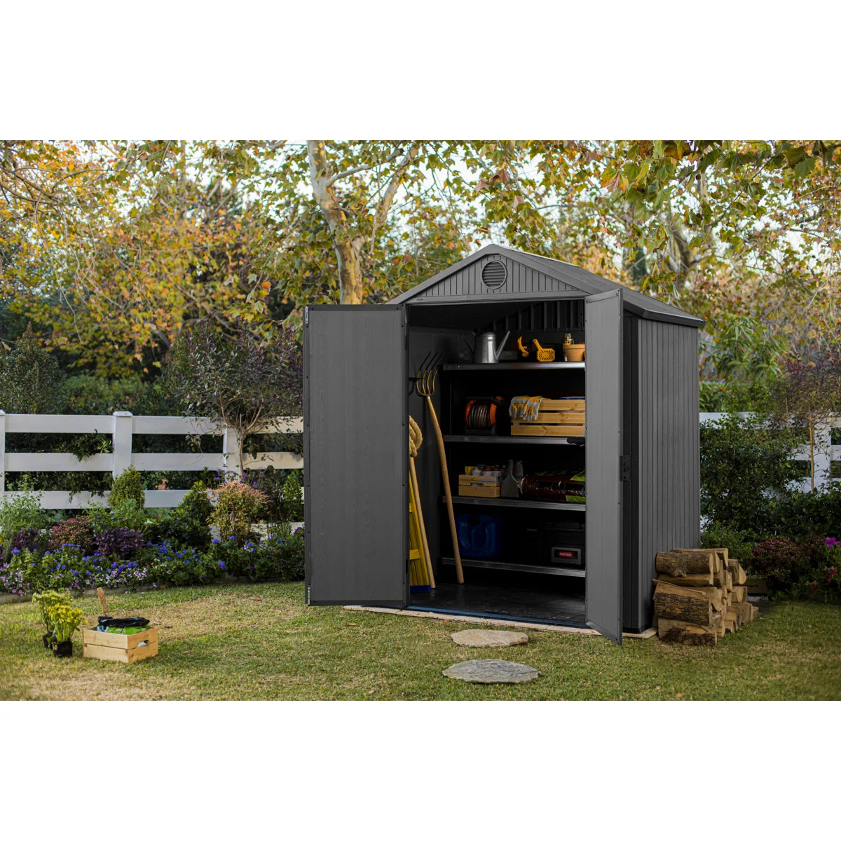 Keter Darwin 6x4 ft. Durable Resin Outdoor Storage Shed With Floor and Double Doors for Garden Patio Furniture and Tools, Graphite