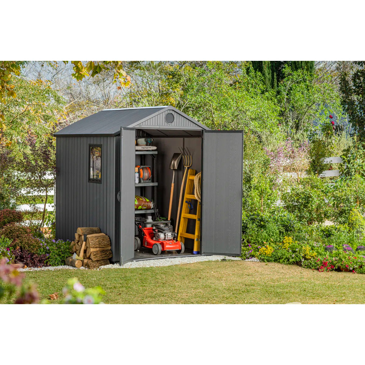 Keter Darwin 6x6 ft. Durable Resin Outdoor Storage Shed With Floor and Double Doors for Garden Patio Furniture and Tools, Graphite