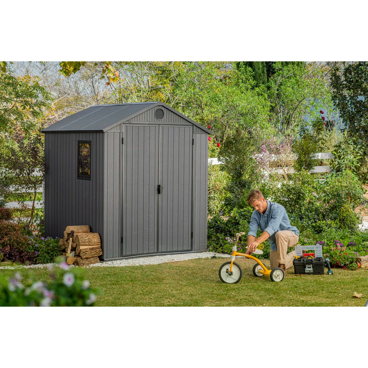 Keter Darwin 6x6 ft. Durable Resin Outdoor Storage Shed With Floor and Double Doors for Garden Patio Furniture and Tools, Graphite