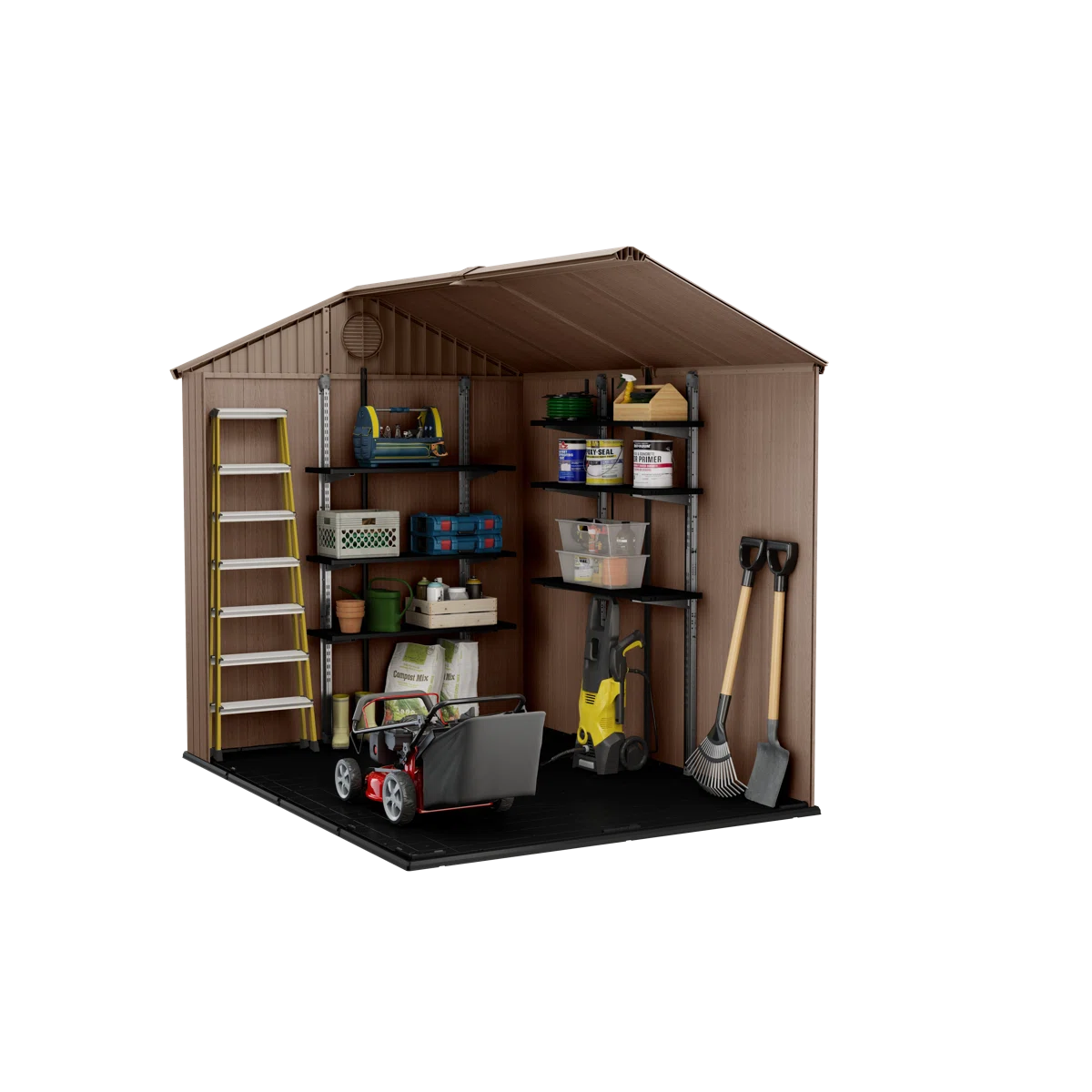 Keter Darwin 6x8 ft. Durable Resin Outdoor Storage Shed With Floor and Double Doors for Garden Patio Furniture and Tools, Brown