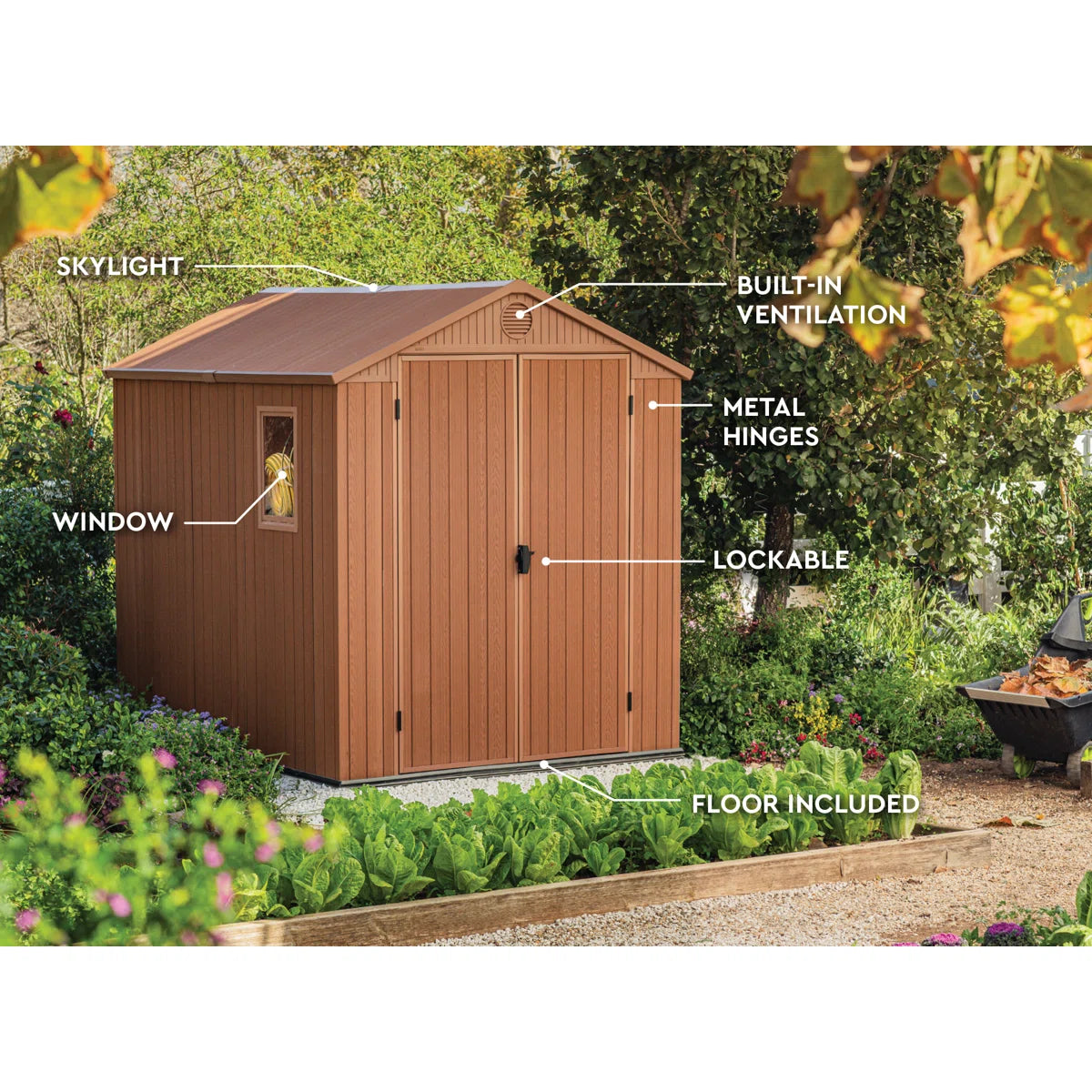 Keter Darwin 6x8 ft. Durable Resin Outdoor Storage Shed With Floor and Double Doors for Garden Patio Furniture and Tools, Brown