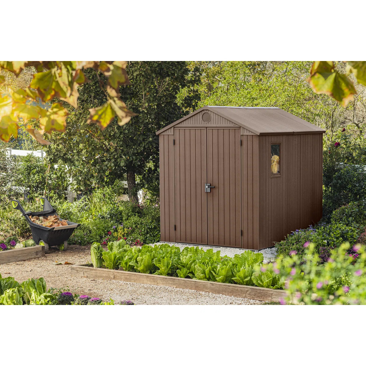 Keter Darwin 6x8 ft. Durable Resin Outdoor Storage Shed With Floor and Double Doors for Garden Patio Furniture and Tools, Brown