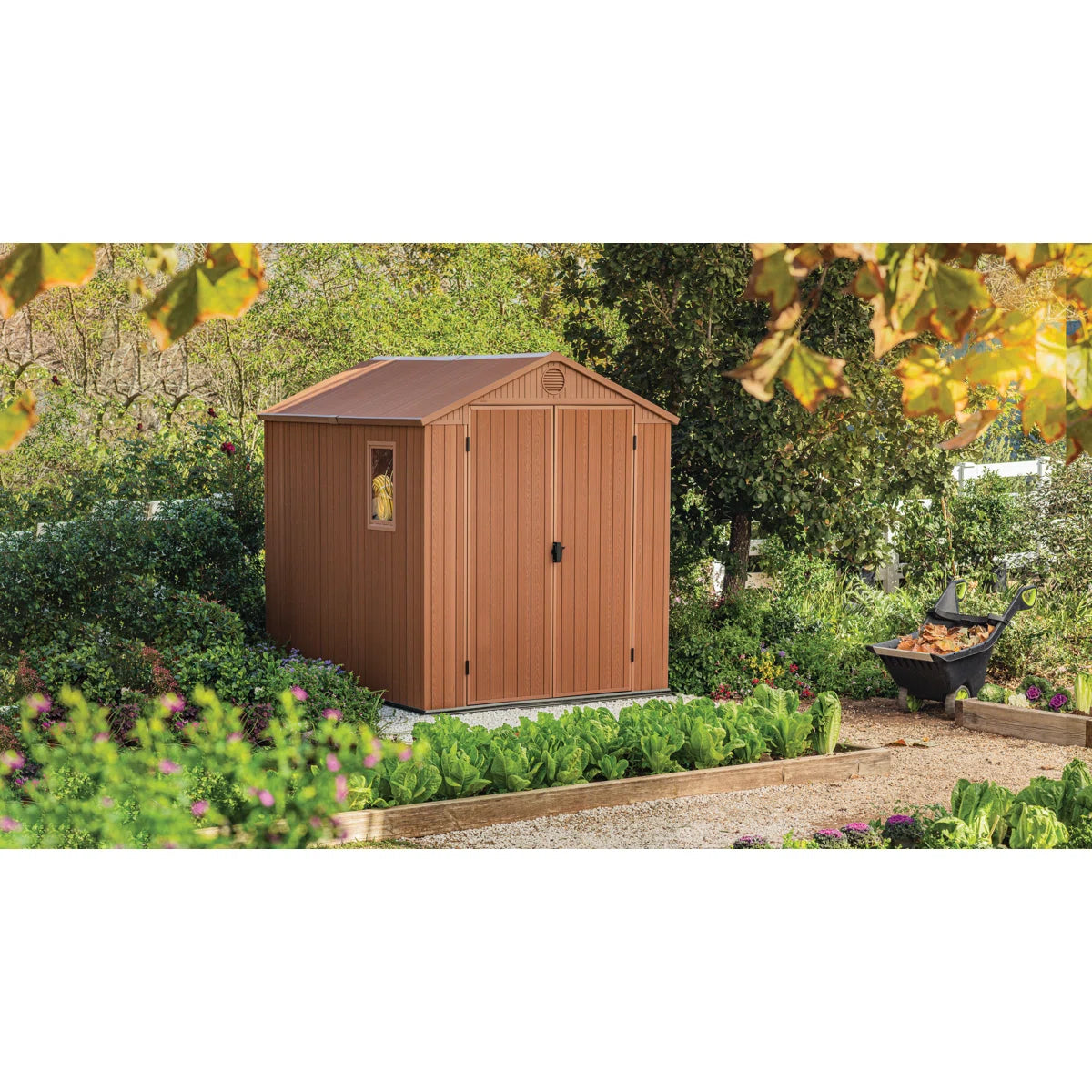 Keter Darwin 6x8 ft. Durable Resin Outdoor Storage Shed With Floor and Double Doors for Garden Patio Furniture and Tools, Brown
