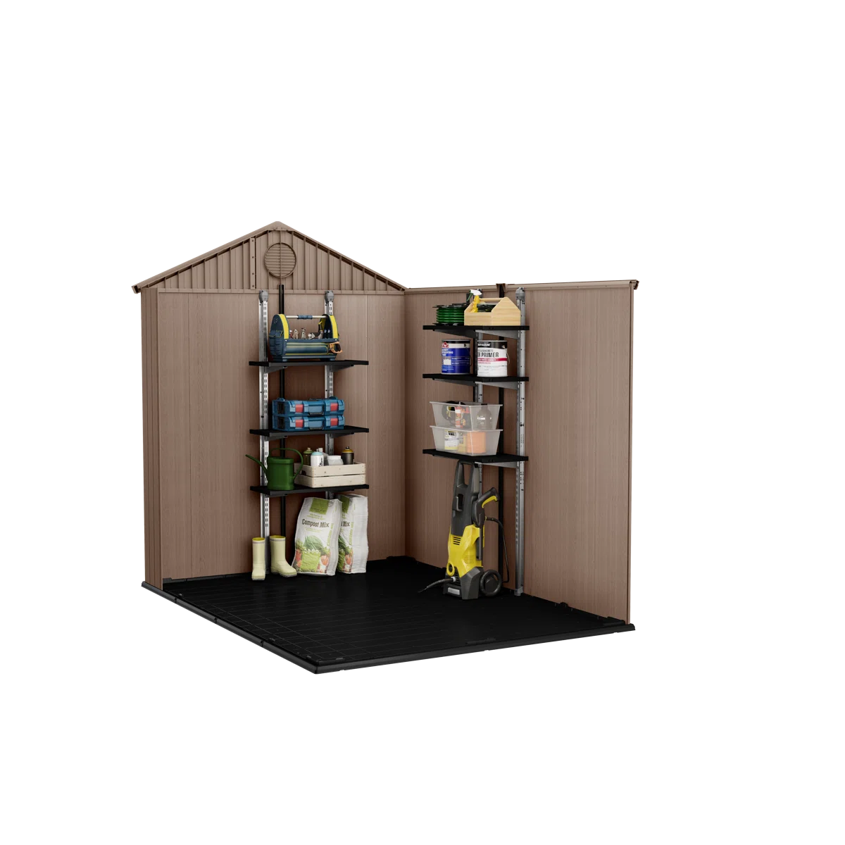 Keter Darwin 6x8 ft. Durable Resin Outdoor Storage Shed With Floor and Double Doors for Garden Patio Furniture and Tools, Brown