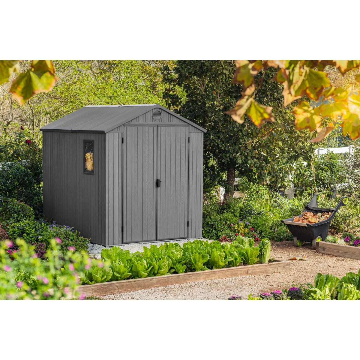 Keter Darwin 6x 8 ft. Durable Resin Outdoor Storage Shed With Floor and Double Doors for Garden Patio Furniture and Tools, Graphite