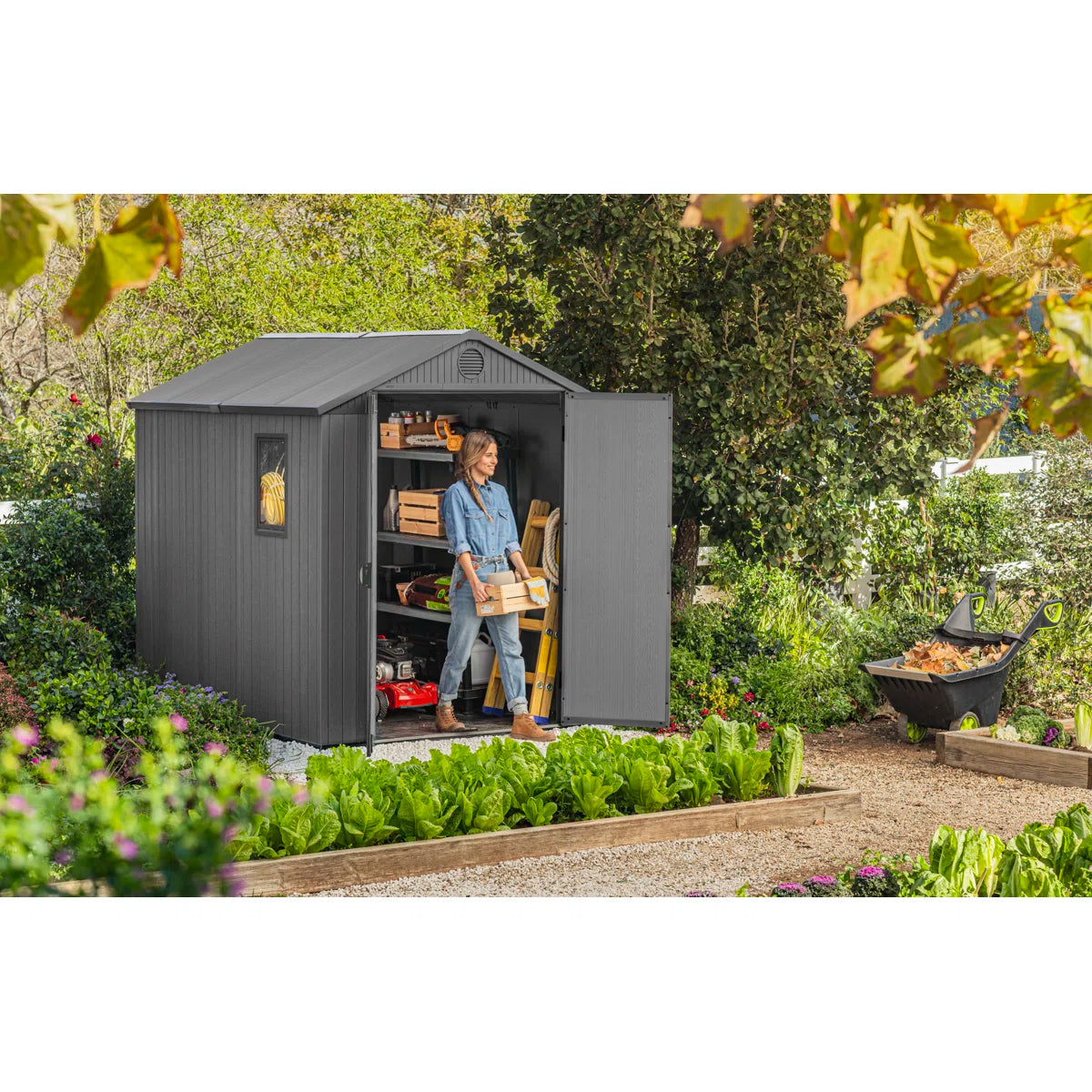 Keter Darwin 6x 8 ft. Durable Resin Outdoor Storage Shed With Floor and Double Doors for Garden Patio Furniture and Tools, Graphite