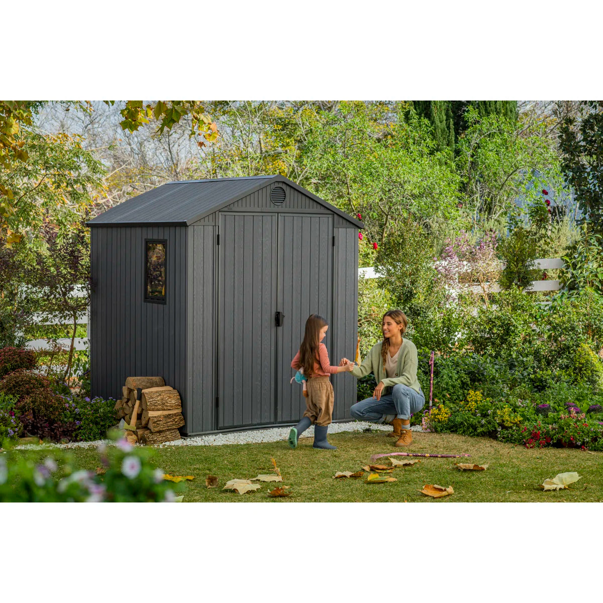 Keter Darwin 6x 8 ft. Durable Resin Outdoor Storage Shed With Floor and Double Doors for Garden Patio Furniture and Tools, Graphite