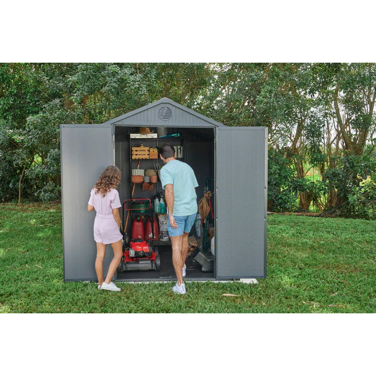 Keter Darwin 6x 8 ft. Durable Resin Outdoor Storage Shed With Floor and Double Doors for Garden Patio Furniture and Tools, Graphite