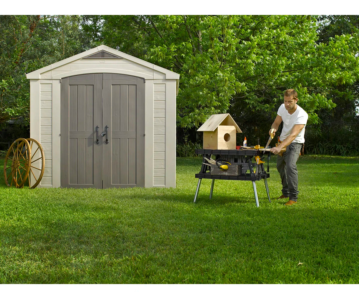 Keter Factor 8x8 ft. Durable Resin Outdoor Storage Shed With Floor and Double Doors for Garden Patio Furniture and Tools, Brown