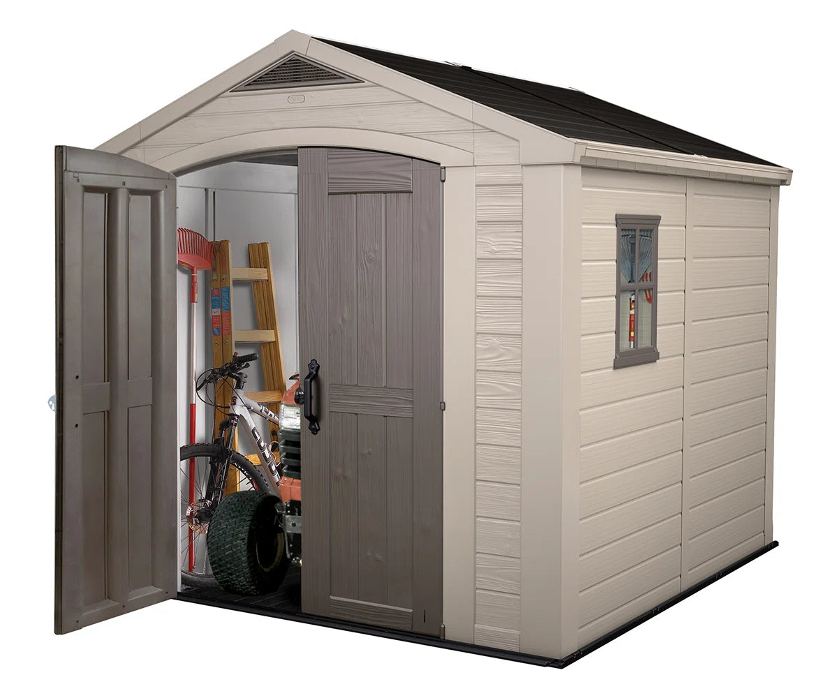 Keter Factor 8x8 ft. Durable Resin Outdoor Storage Shed With Floor and Double Doors for Garden Patio Furniture and Tools, Brown