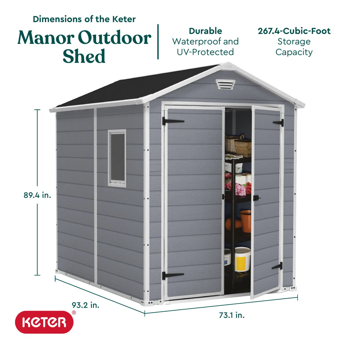 Keter Manor 6x8 ft. Durable Resin Outdoor Storage Shed With Floor and Double Doors for Garden Patio Furniture and Tools, Grey