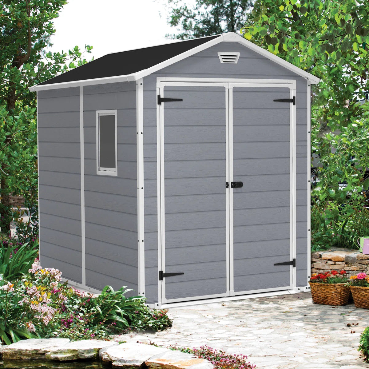 Keter Manor 6x8 ft. Durable Resin Outdoor Storage Shed With Floor and Double Doors for Garden Patio Furniture and Tools, Grey