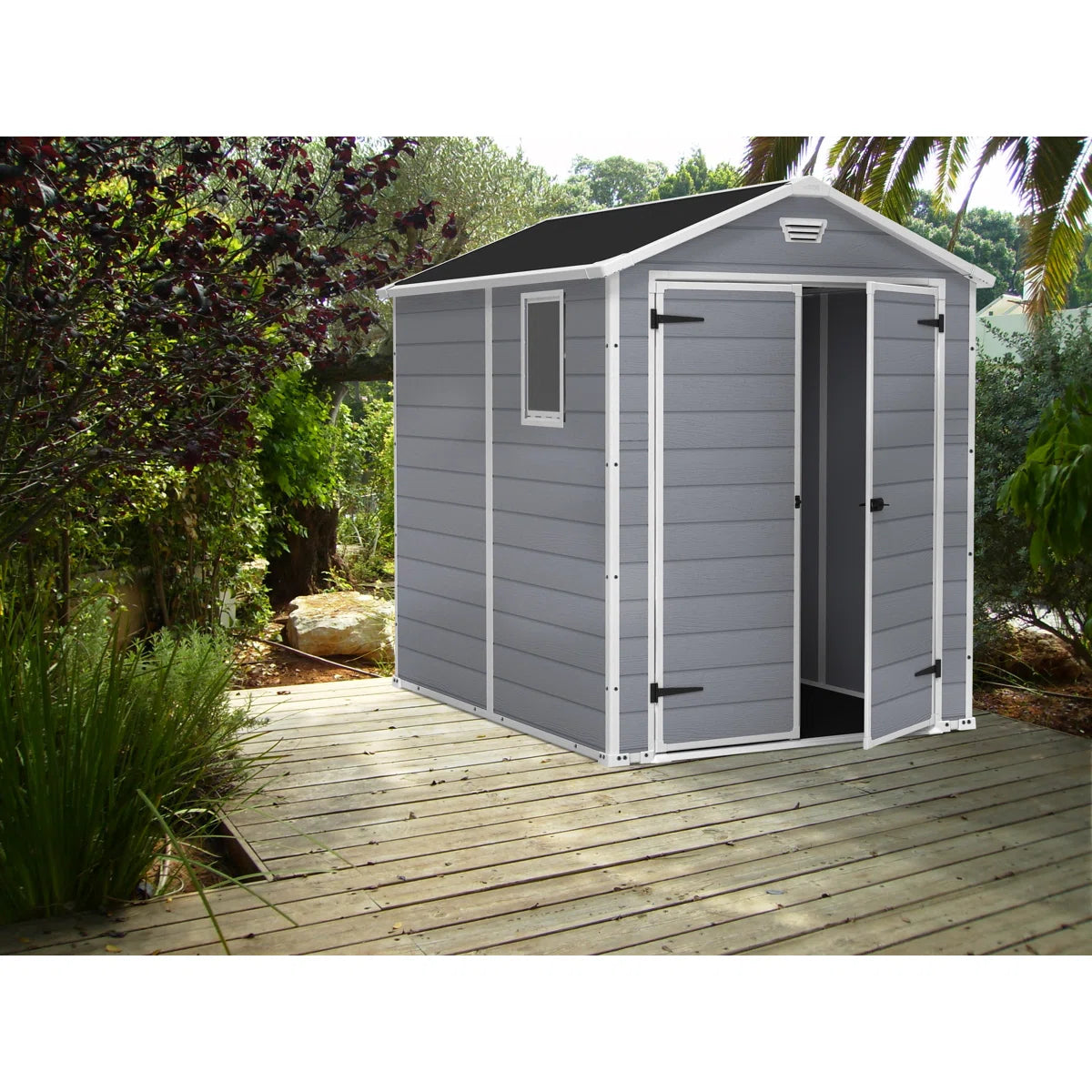 Keter Manor 6x8 ft. Durable Resin Outdoor Storage Shed With Floor and Double Doors for Garden Patio Furniture and Tools, Grey