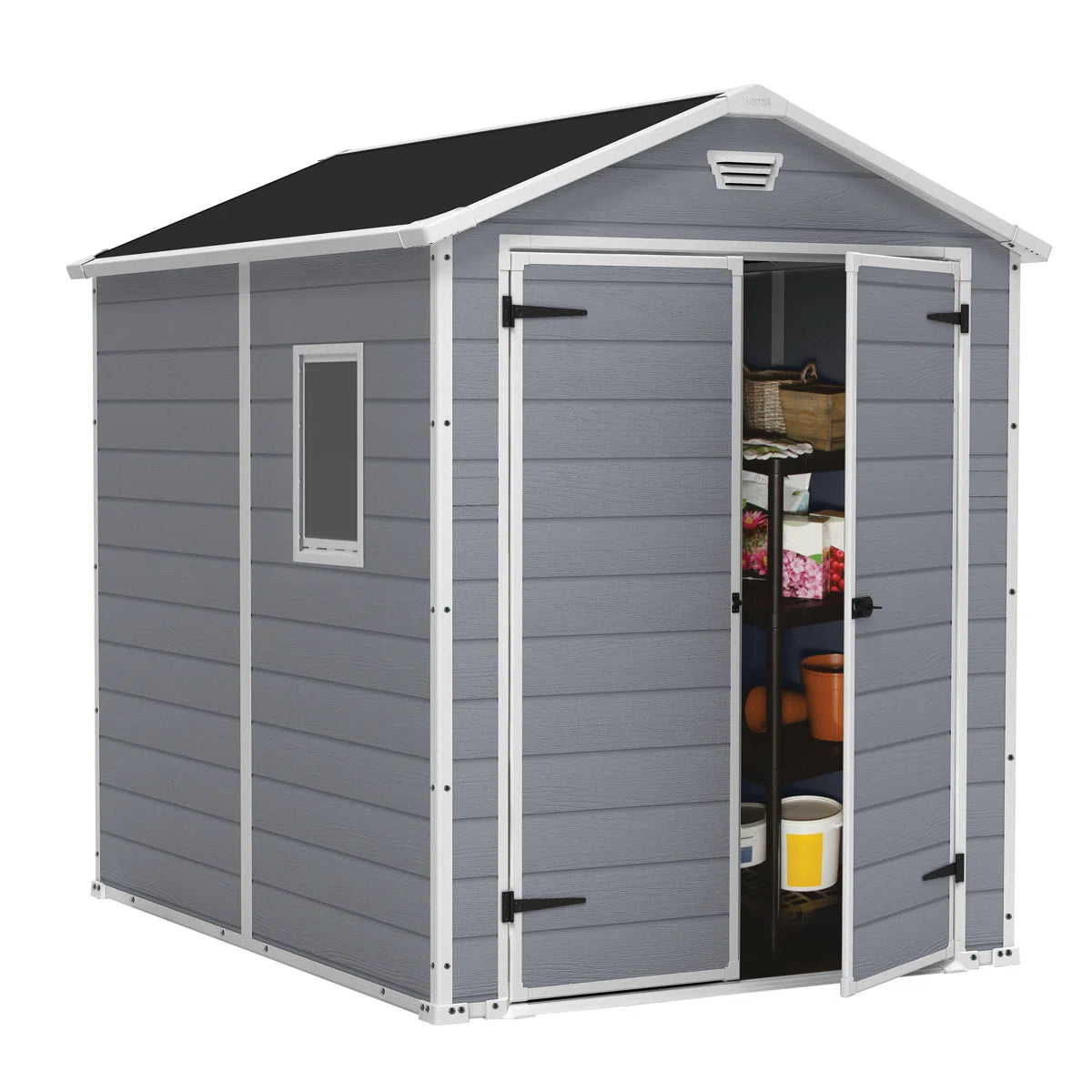 Keter Manor 6x8 ft. Durable Resin Outdoor Storage Shed With Floor and Double Doors for Garden Patio Furniture and Tools, Grey