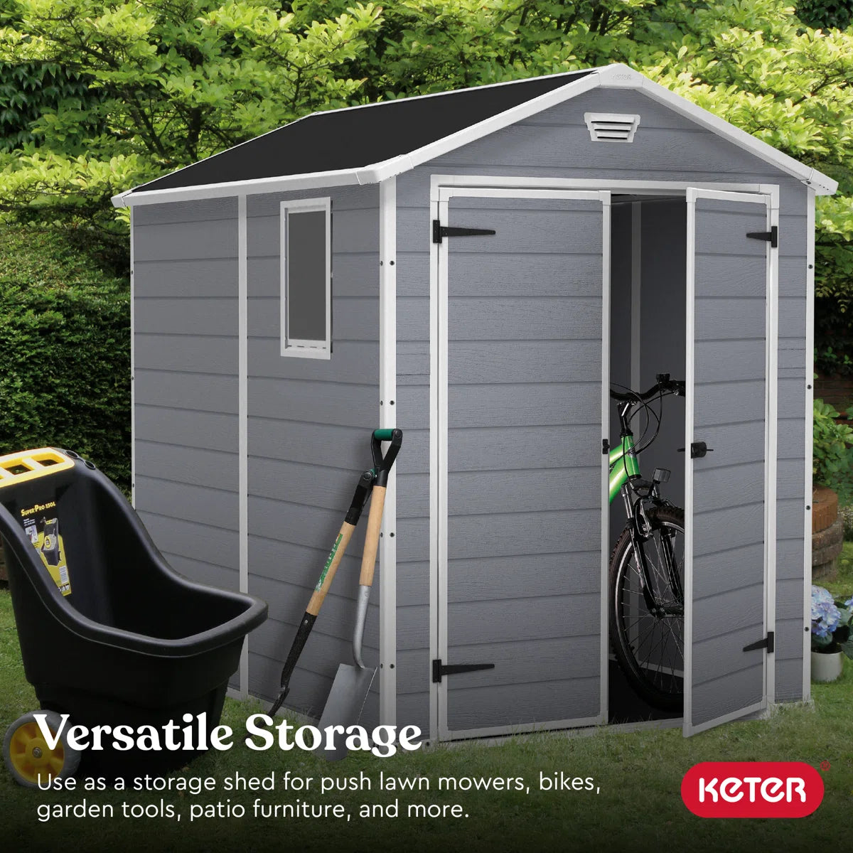 Keter Manor 6x8 ft. Durable Resin Outdoor Storage Shed With Floor and Double Doors for Garden Patio Furniture and Tools, Grey