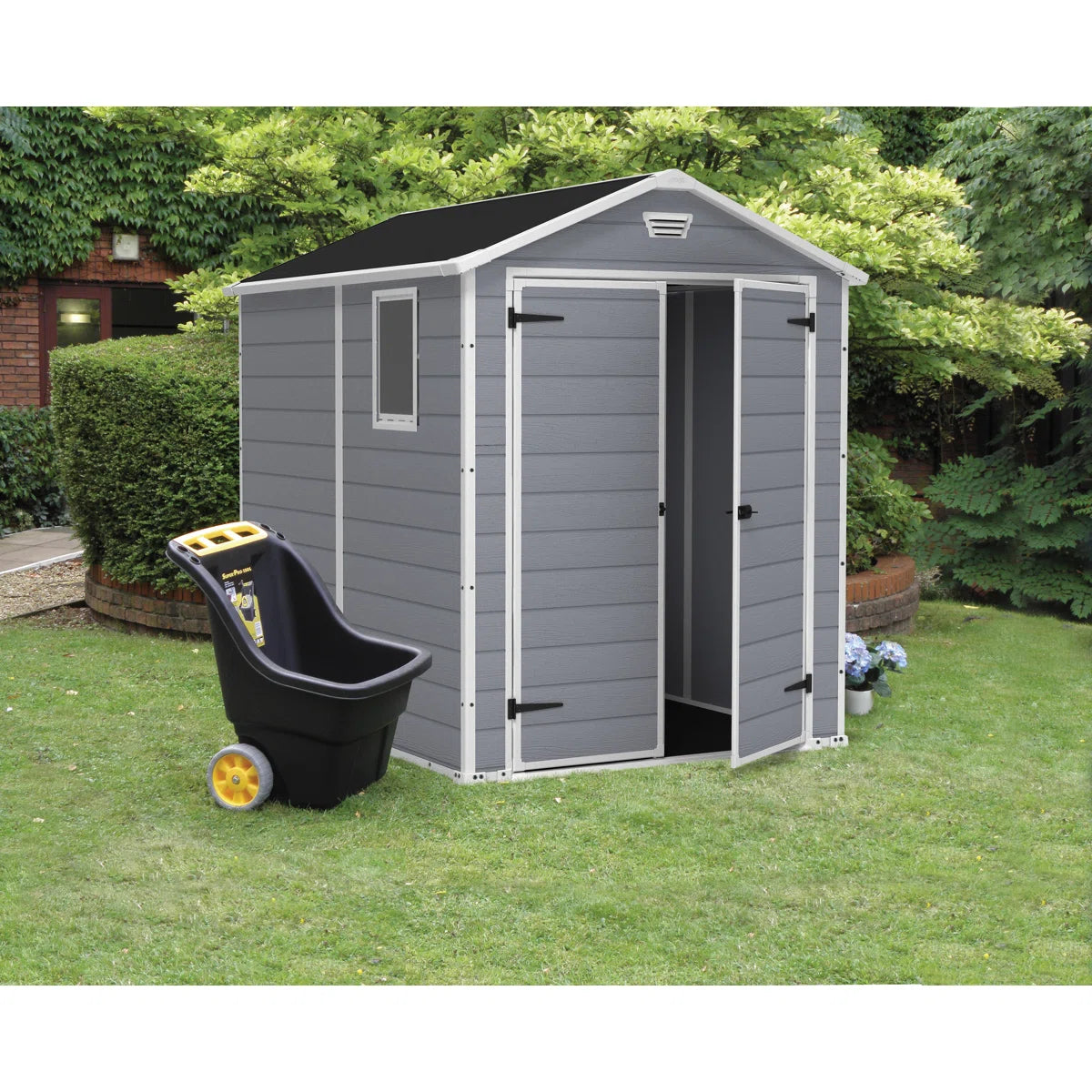 Keter Manor 6x8 ft. Durable Resin Outdoor Storage Shed With Floor and Double Doors for Garden Patio Furniture and Tools, Grey