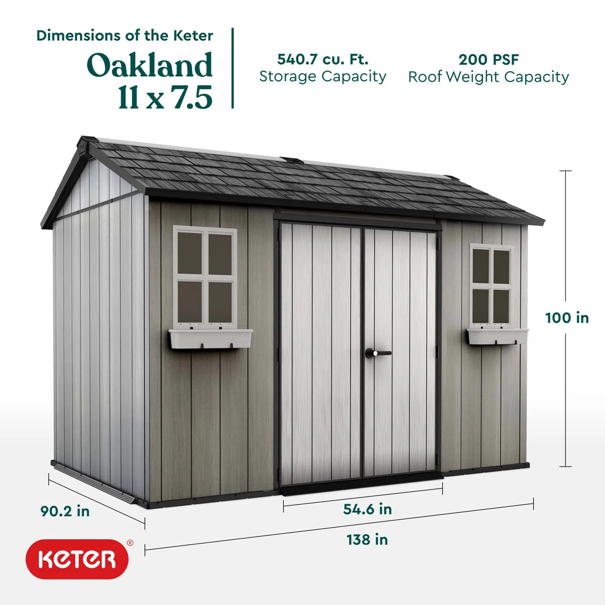 Keter Oakland 11x 7.5 ft. Durable Resin Outdoor Storage Shed With Floor and Double Doors for Garden Patio Furniture and Tools, Grey